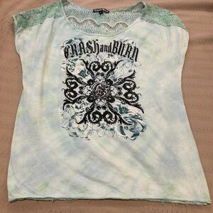 Y2K vtg Crash & Burn Tee Green tie-dye Vintage Women's L Grunge Biker Blinged
